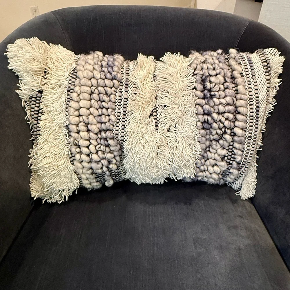 Arhaus Boho Blue Cream Stripe Lumbar Pillow Chunky 24
